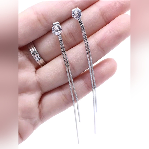 Diamond Dangle Tassle Earrings Long Double Chain - Picture 5 of 6